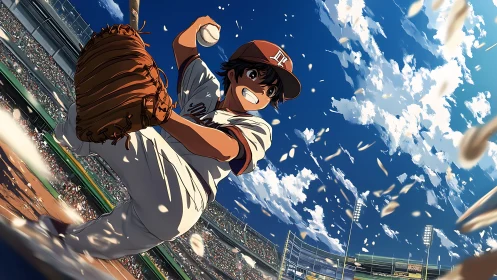 Dynamic low-angle anime pitcher winding up on bright diamond.