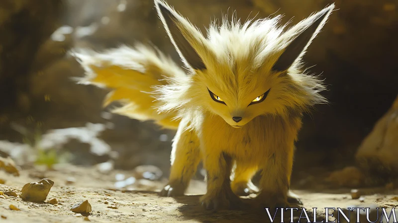 Volumetric-lit electric fox creature in rocky canyon den.