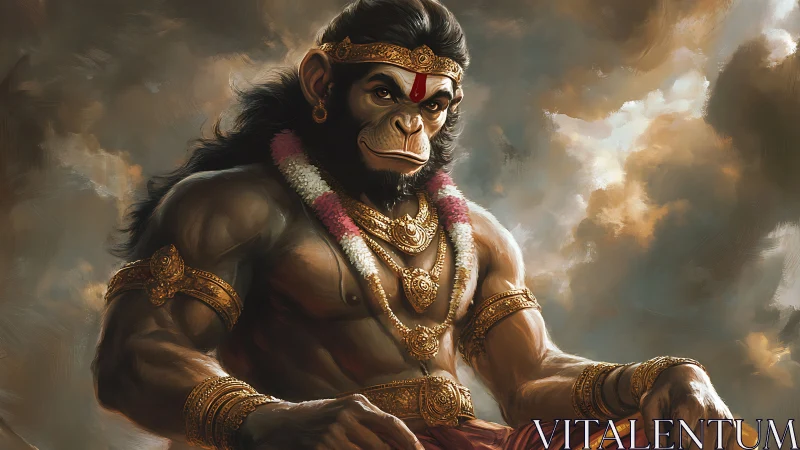 Divine warrior monkey deity sits calm beneath stormy skies