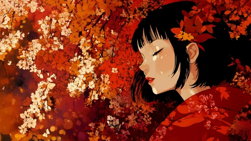 Side profile of woman in red kimono amid orange blossoms.