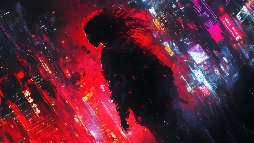 Silhouetted cybernetic drifter amid neon-saturated stormfield.