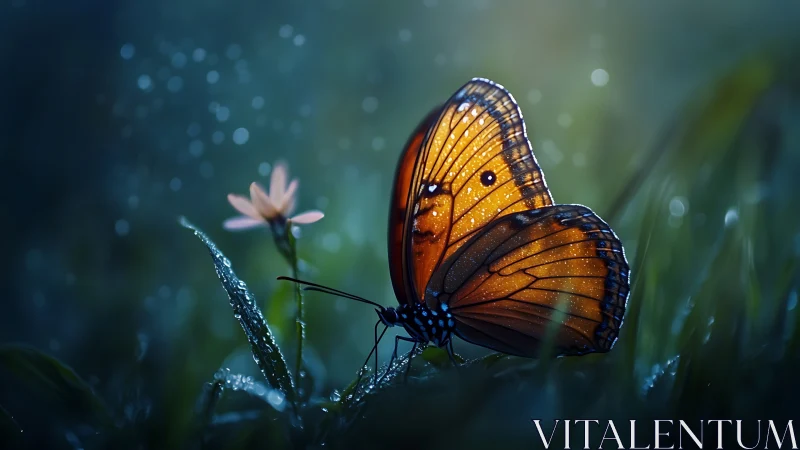 Gentle orange butterfly resting in a dreamy twilight meadow.