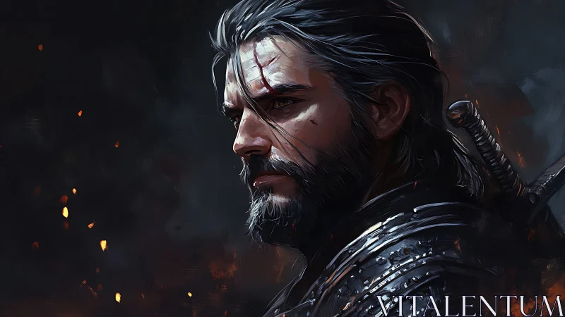 Battle-worn swordsman portrait with directional rim lighting and sparks