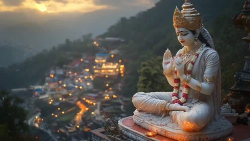 Stone deity statue sits before a defocused hillside town