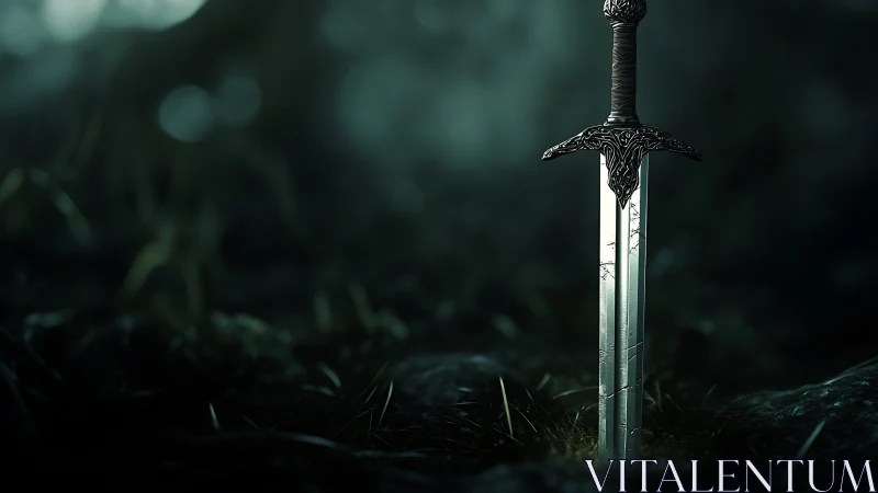 Mystic steel sword embedded in mossy forest ground.