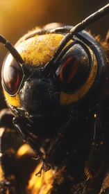 Macro hornet portrait with cinematic golden backlight.