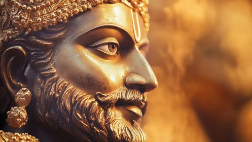 Regal golden deity bust in warm cinematic close-up profile.