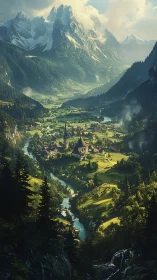 Sunlit alpine village nestles beneath towering snowy peaks