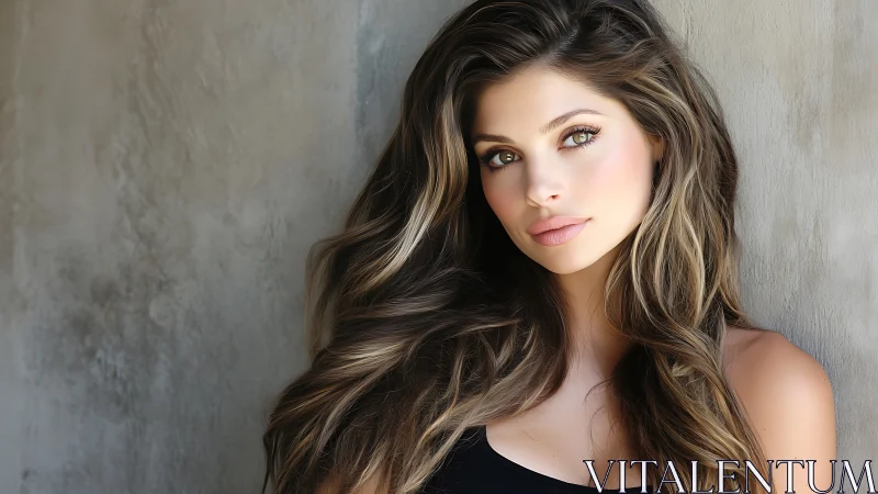 Sunlit gaze and cascading waves in soft concrete calm.