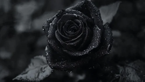 Black rose macro shows water droplets on velvety petals