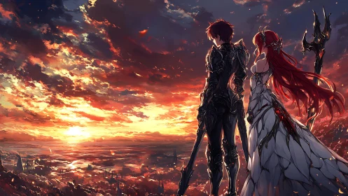 Armored couple overlooking expansive sunset horizon.
