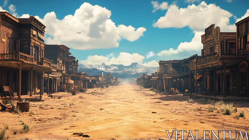 Dust-drifting frontier main street under crisp blue skies.