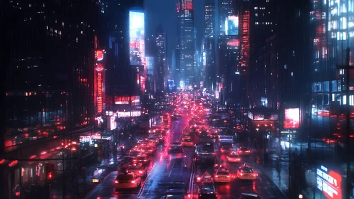 Neon city avenue glows under rain soaked night traffic.