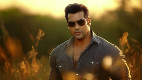 Sunlit portrait of muscular man in field with bokeh optics.