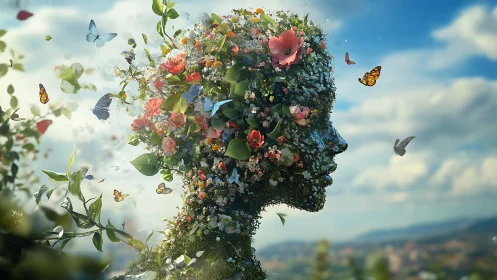 Floral human profile sculpture dissolves into butterflies and sky
