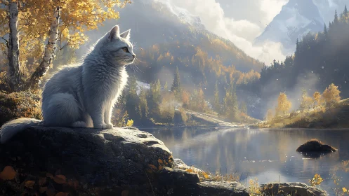 White cat on lakeside rock in bright autumn mountain valley.