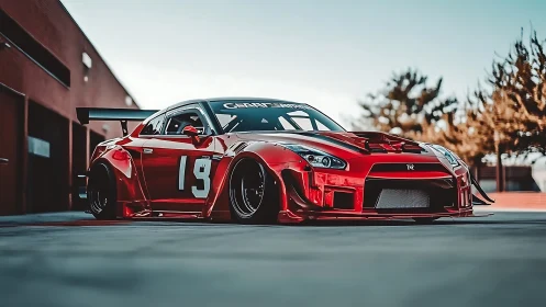 Lowered red race car is parked in an outdoor pit lane