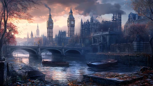 Moody autumn riverfront frames historic clock towers at dusk