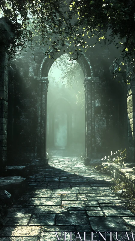 Moonlit ruin archways invite wanderers into haunted hush.