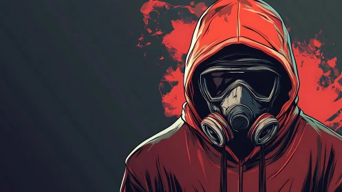 Hooded figure in gas mask against red abstract backdrop.