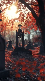 Autumn sunfire over solemn graves in a crimson-leafed hush.
