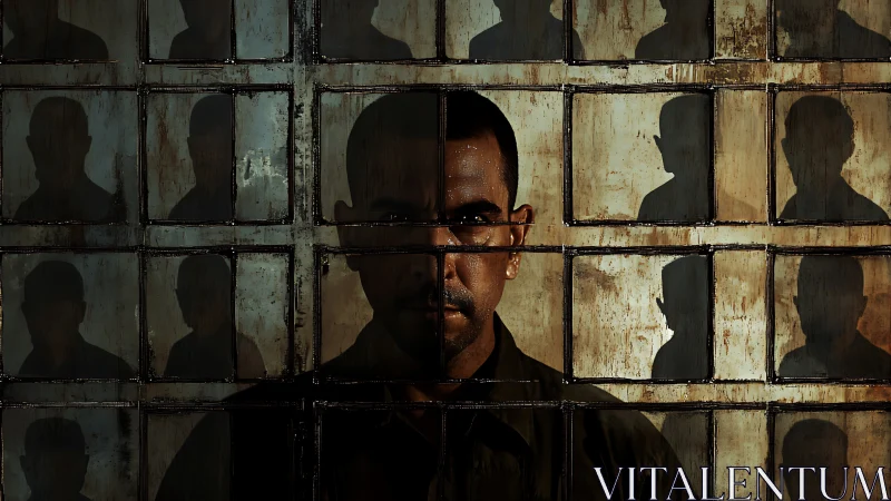 Man behind grid of shadowed portraits and metal frames.