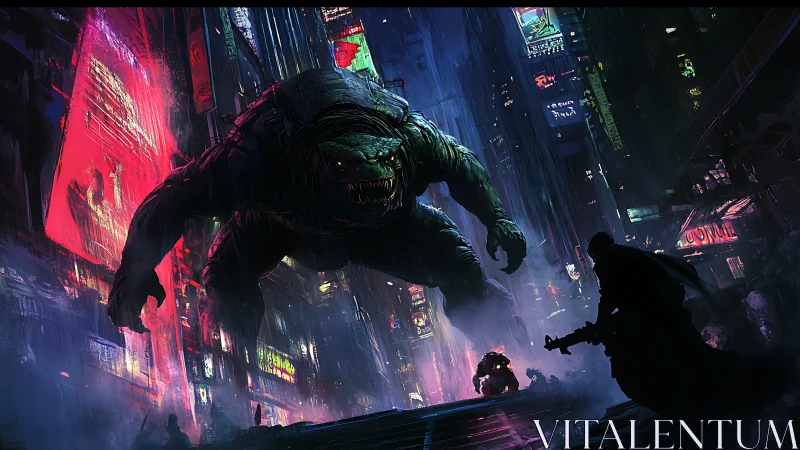 Giant mutant creature confronts armed figure in neon city.
