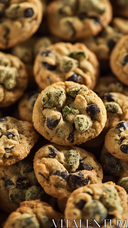 Close-up view of chocolate chip cookies with green bits.