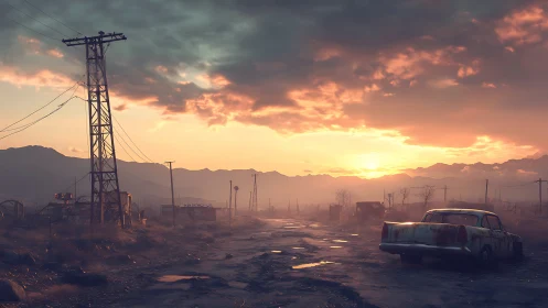 Sunset illuminates a deteriorated rural roadway landscape