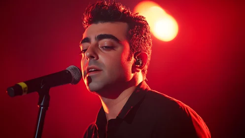 Warm red stage lights glow around a focused singer at mic