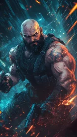 Cybernetic commando in neon crossfire with dual pistols poised.