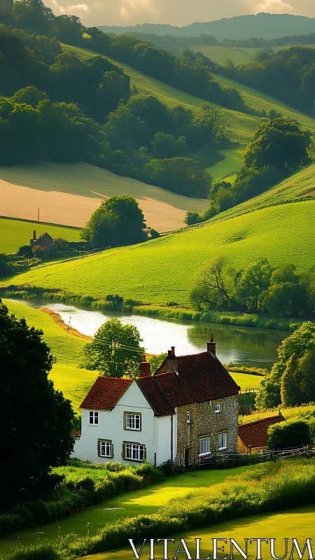 Sunlit country cottage nestled in rolling green hills.