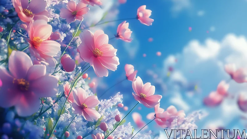 Pink cosmos flowers under bright sky with soft focus backdrop.
