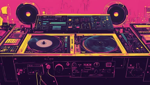 DJ mixing console shows dual turntables and control panels