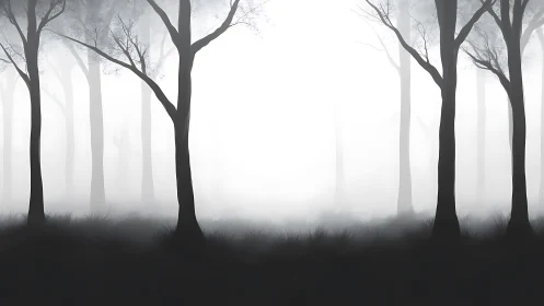 Misty monochrome forest recedes into soft luminous haze