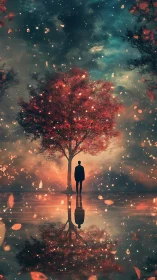 Silhouetted figure beneath ember tree in celestial haze.