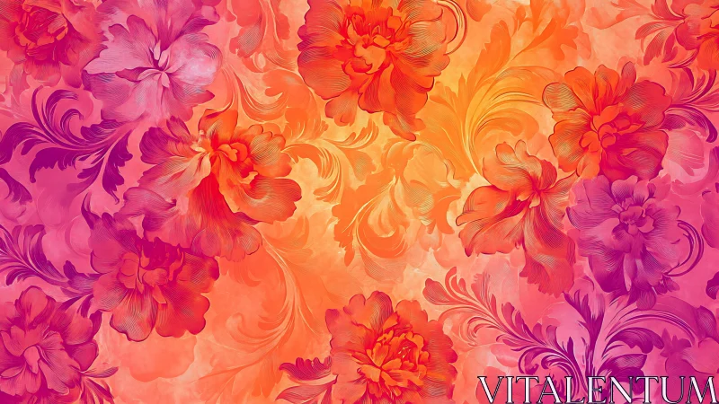 Radiant peony pattern glows in vivid orange magenta gradient.
