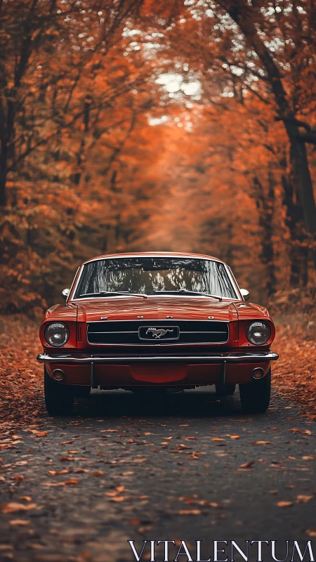 Vintage red Mustang framed by blurred autumn forest road.