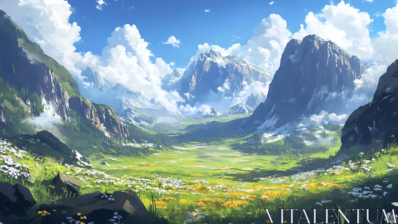 Sunlit alpine valley with painterly mountains and wildflowers.