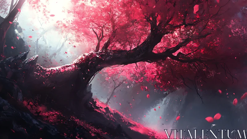 Ancient crimson tree glows softly in a misty enchanted ravine