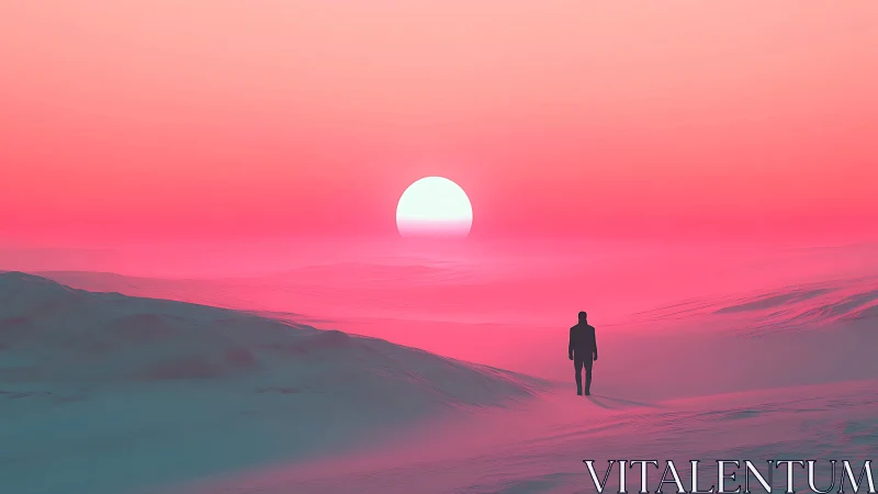 Solitary figure crossing neon desert under rising sun.