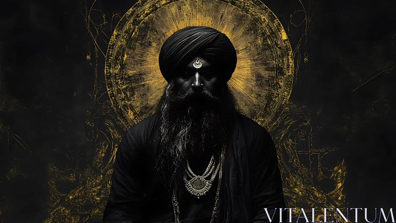 Dark-robed bearded figure framed by radial golden halo geometry