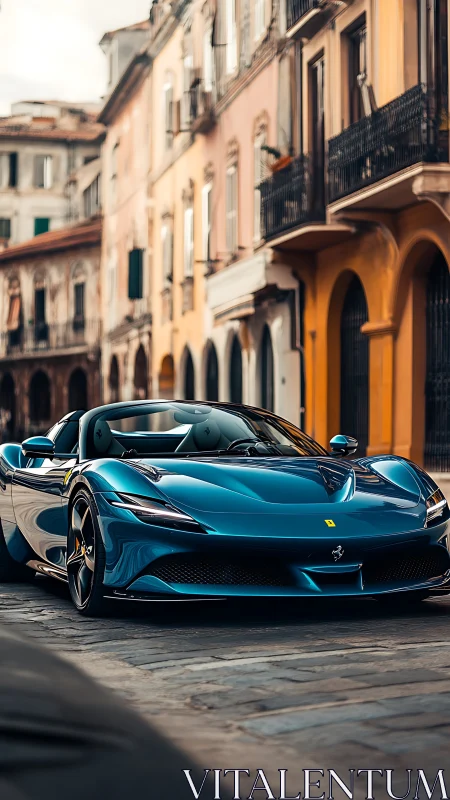 Sleek blue Ferrari roadster gleams along historic city street.