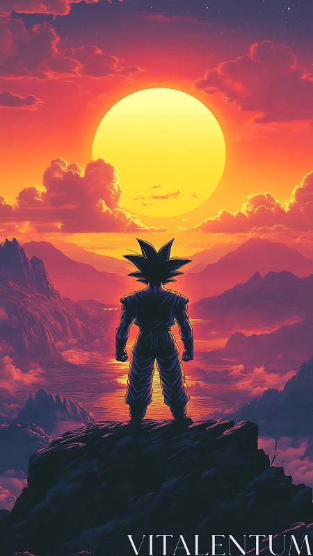 Silhouetted martial figure facing oversized sun over peaks.