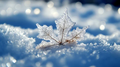 Sparkling frosted leaf rests softly in gentle winter light