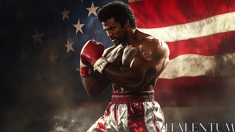 Professional boxer in red gloves positioned against American flag backdrop.