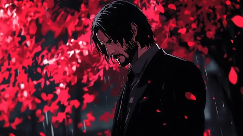 Melancholic suited figure under stylized red foliage in rain