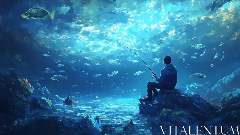 Solitary fisherman under surreal luminous ocean sky.