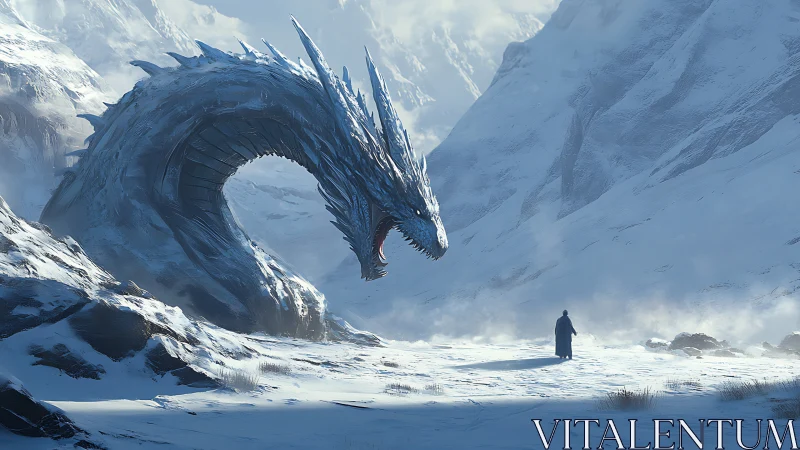 Frozen dragon encounter in a silent, snowbound mountain pass.