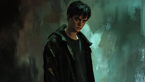 Digital painting of brooding youth in moody teal chiaroscuro.
